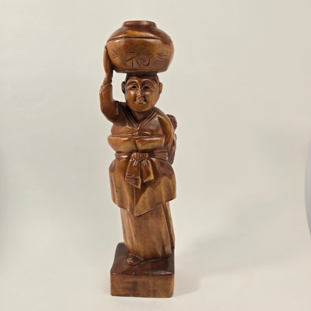 Vintage Korean Wood Carving Statue Woman Carrying Baby & Water Pot 13.5"
